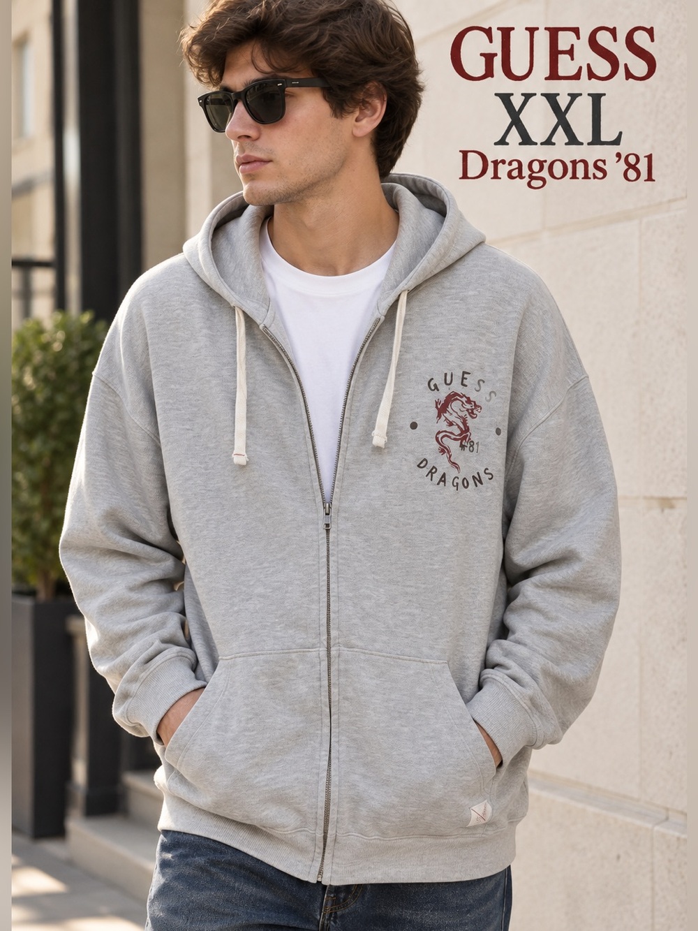 GUESS Dragons ’81 mens XXL Gray Full Zip Hoodie Sweatshirt Graphic skater y2k